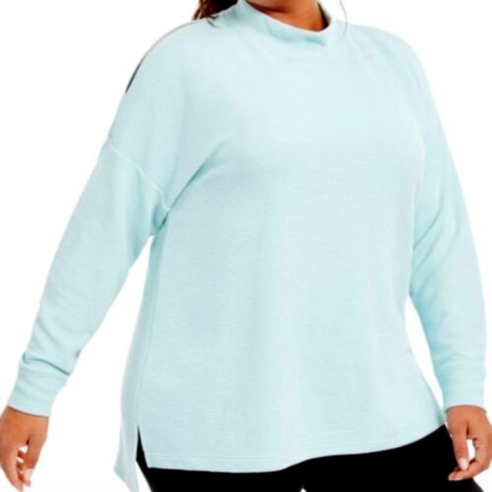 Ideology Women Long Sleeve Split Shoulder Ribbed Neck Top Green Mist Plus 1X NWT